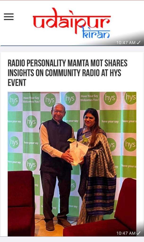 Radio artist and influencer, Mamta Mot, recently made an appearance on the "Gauge the Language" talk show, organised by the HYS (Have Your Say) club. The talk show was a platform for Mot to discuss the impact of community radio and how it differs from commercial radio.

<a href="https://www.firstindia.co.in/news/business/mamta-mot-discusses-community-radio-at-hys-talk-show"> Read Article </a>